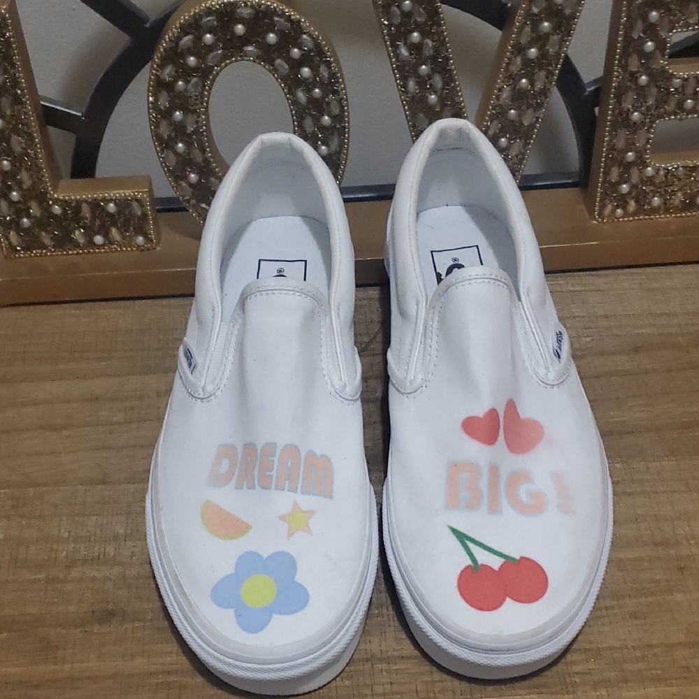 Vans Classic Dream Big Custom Made White Canvas Slip-On Sneakers Sz M7 /  W8.5